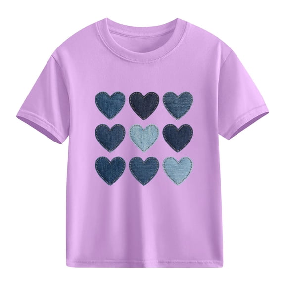 Girls Valentine Shirt | Kids Cotton Short Sleeve Top with Denim Heart Print | Purple Casual Tee for Girls 4-10 Years,Size 3 T