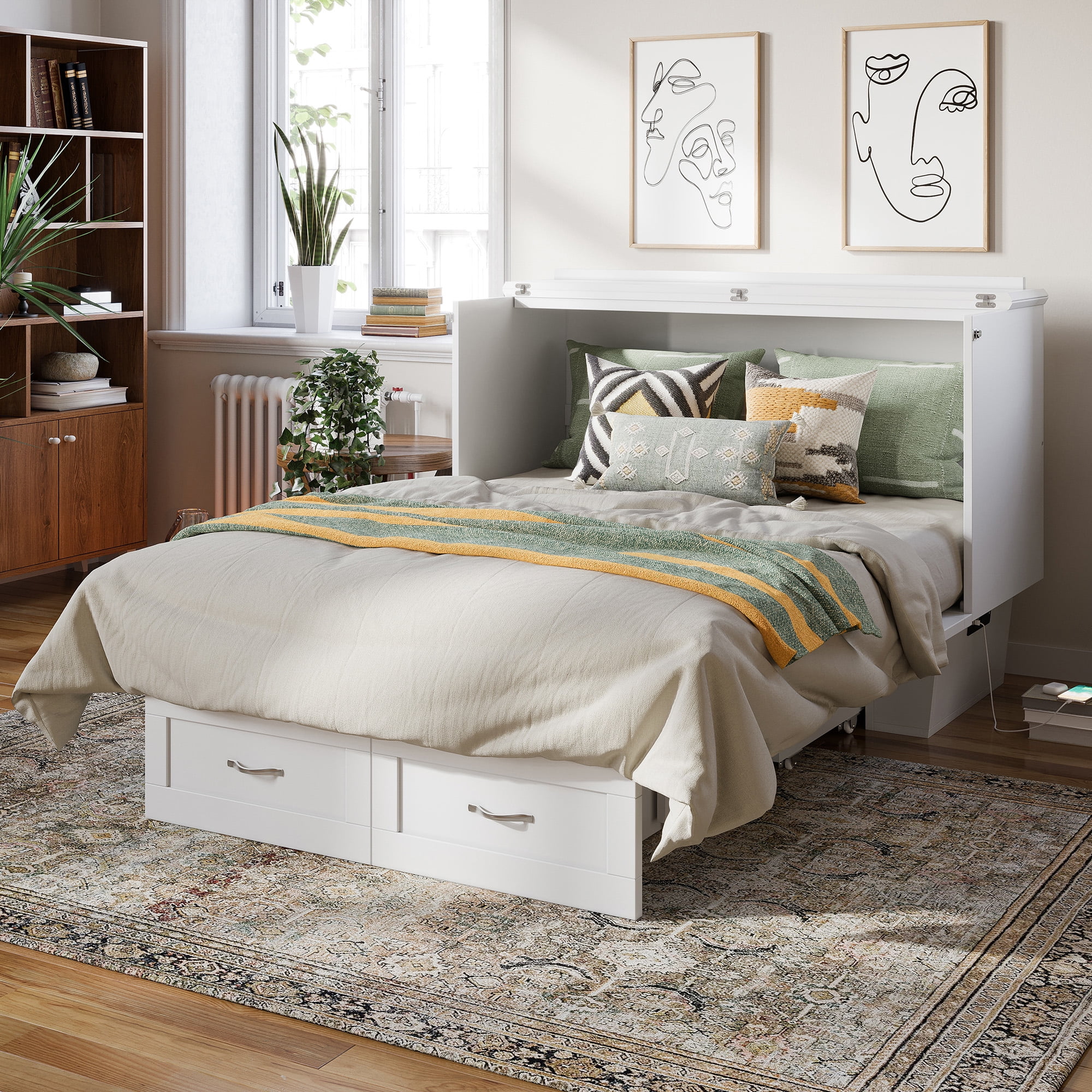 AFI Monroe Full Solid Wood Murphy Bed Chest with 6" Mattress, Drawer & Charger, White
