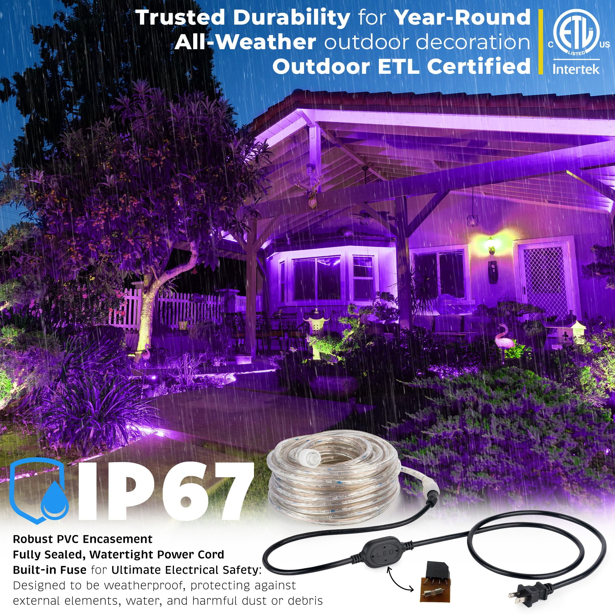WYZworks 576LEDs, 50ft Purple LED Outside Rope Lights, Outdoor ETL Certified Waterproof Permanent 360 Degree Light Emitting, Flexible Tube, Connectable, Christmas Palm Tree Exterior Landscape