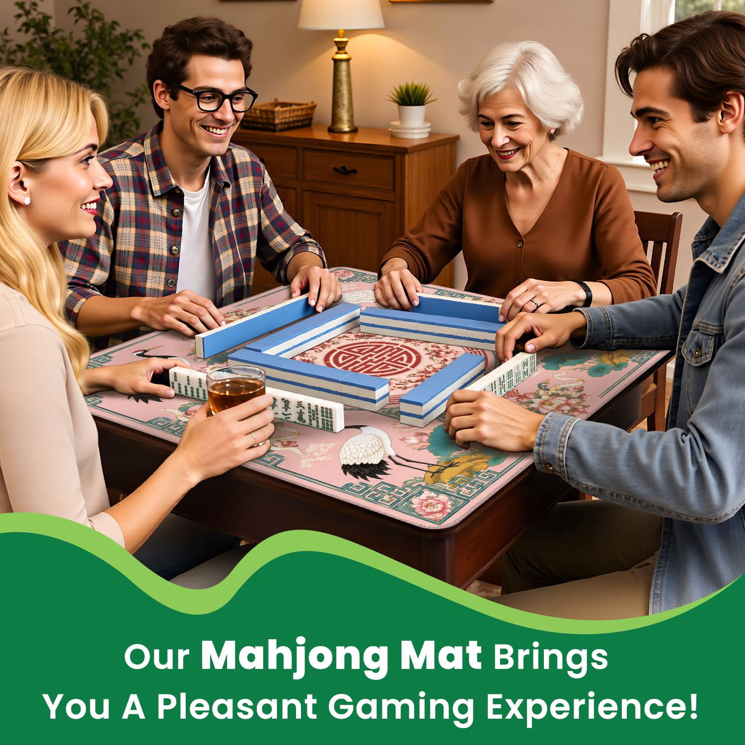 Mahjong Mat 31.5" x 31.5" Elegant Crane Floral Traditional Chinese Elements Non-Slip Noise Reduction Mahjong Tiles Table Cover for Dominoes Poker Card Board and Tile Games