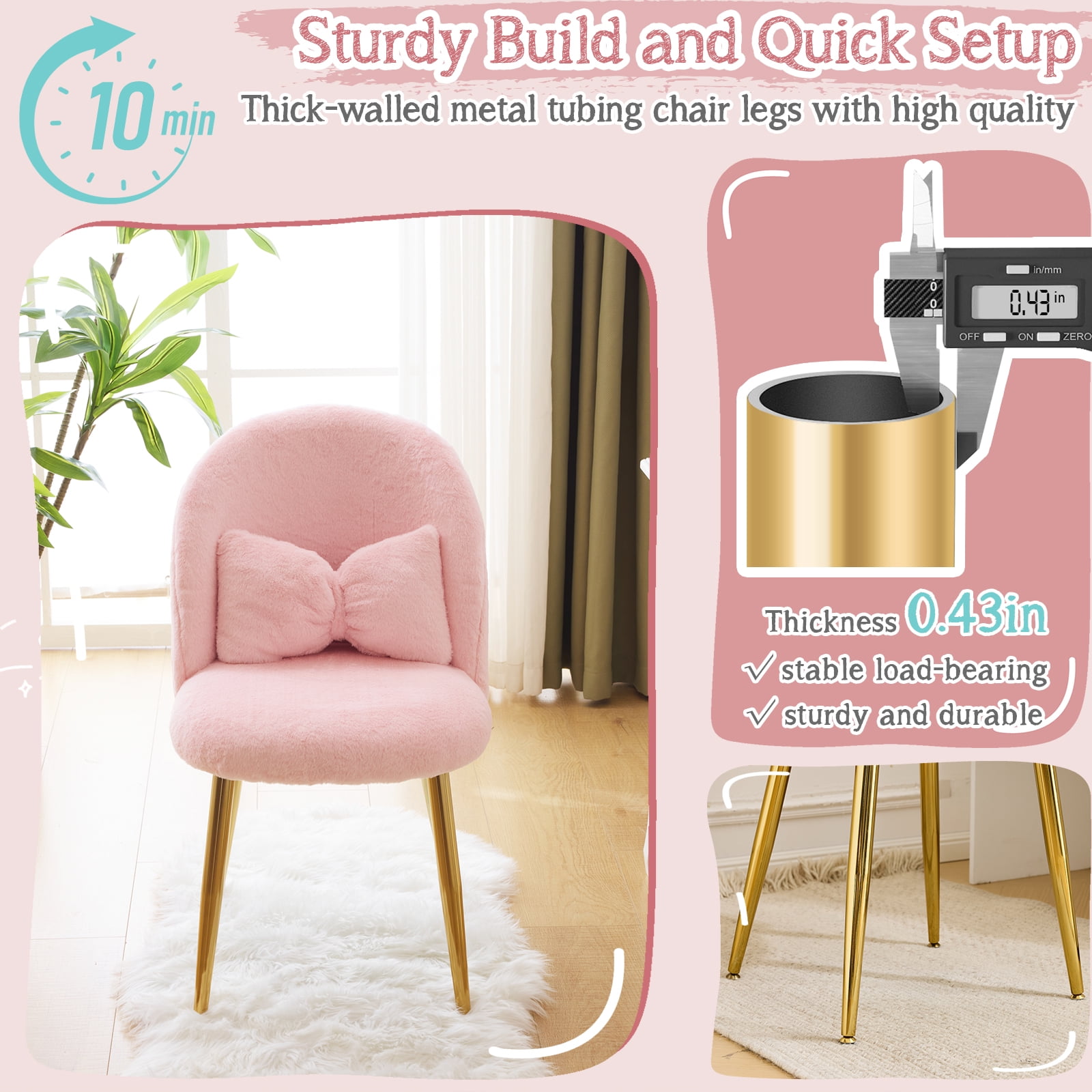 Zimtown Vanity Makeup Chair Armless Home Office Chair for Bedroom or Study Faux Rabbit Fur, Pink