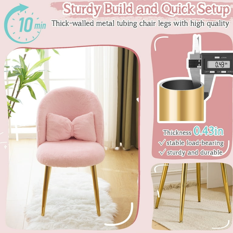 Ktaxon Pink Faux Rabbit Hair Vanity Makeup Chair, Compact Accent
