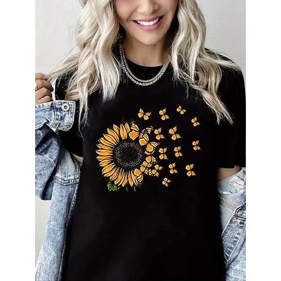 Crewneck Tshirt Sunflower Butterfly Print Short Sleeve Shirt for Women