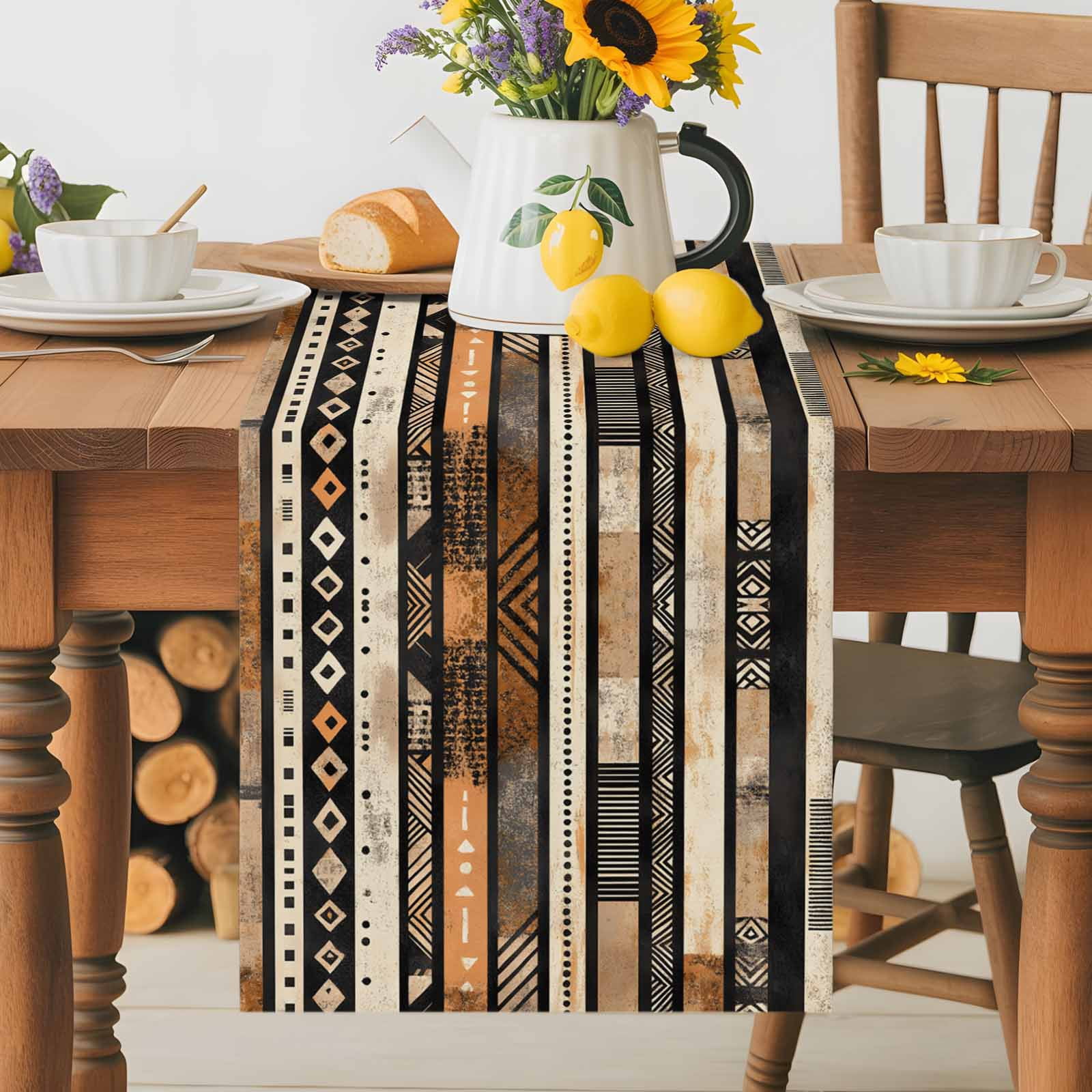 Abstract Ethnic Geometric Stripes Table Runner 90 Inches Long, Boho Tribal Totem Lines Table Runners Tabletop Scarf Kitchen Dining Tables Decoration for Home Party Indoor Outdoor