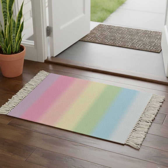Rainbow Stripes Bathroom Rug 2'x3', Modern Colorful Cream Striped Aesthetics Low Profile Front Entryway Rug with Tassels, Woven Cotton Washable Kitchen Mat Carpet for Foyer Bedroom Back Door Decor