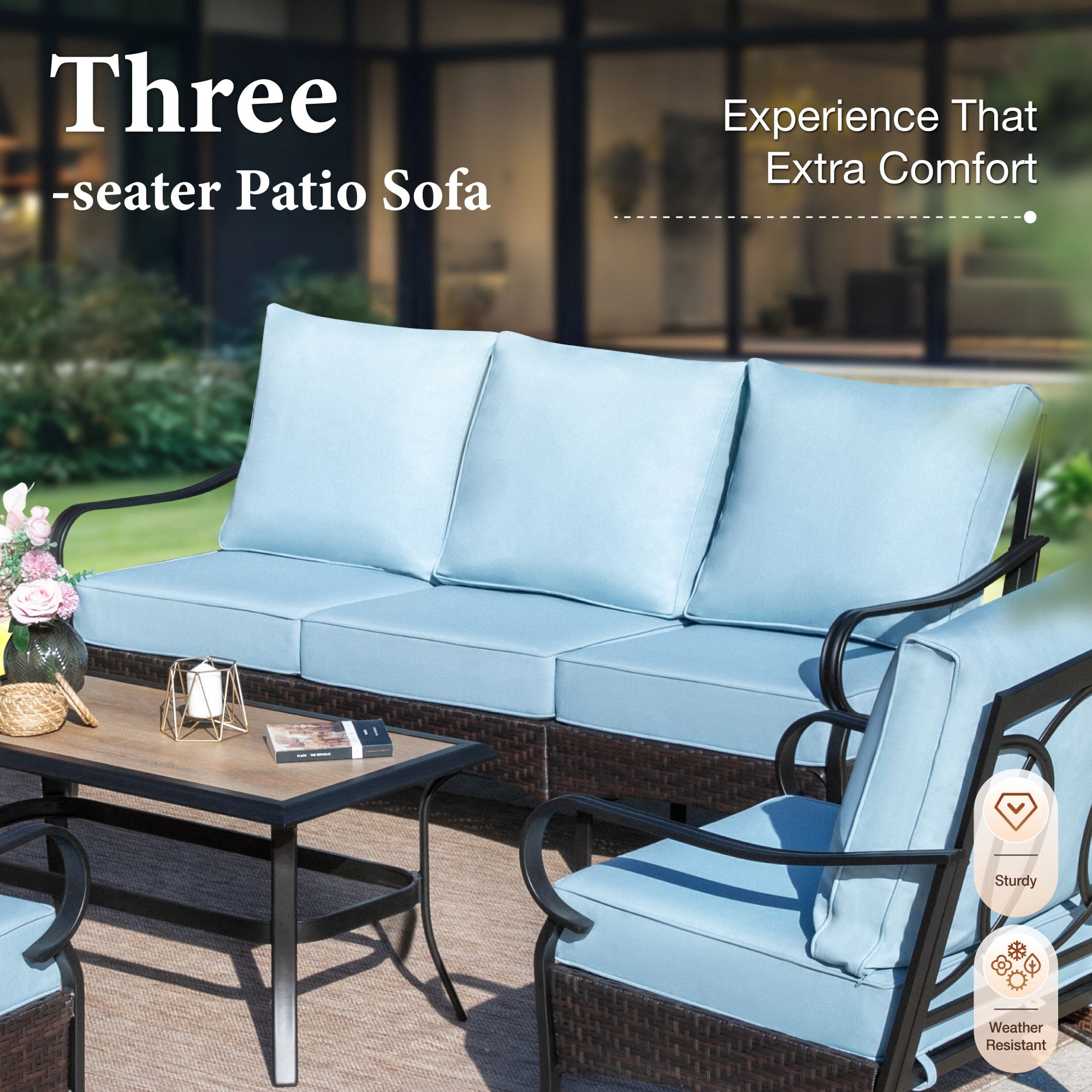 SUMMIT LIVING 4-Piece Outdoor Patio Furniture Set with Rocking Chairs, Metal Outdoor Patio Conversation Set with Wood-Grain Coffee Table for 5 People, Blue