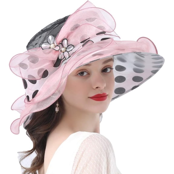 Women's Church Derby Tea Party Wedding Hat Polka Dot Wide Brim Organza Hat