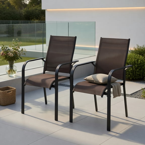 Stackable Outdoor Patio Dining Chairs Set of 2 – Modern Metal Armchairs with Breathable Mesh Back, 350 lb Capacity, Coffee Color for Deck, Balcony & Garden