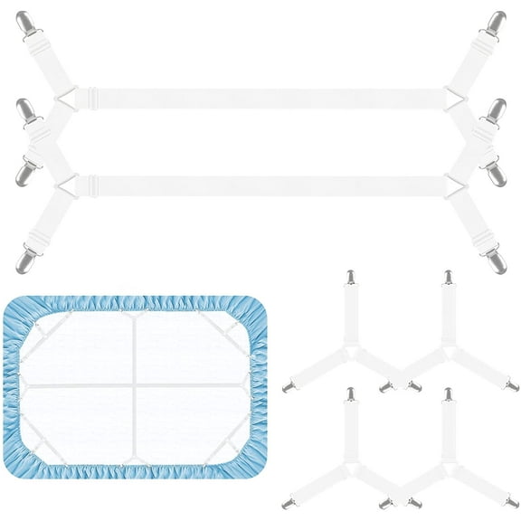 Bed Sheet Holder Straps, Adjustable Crisscross Bed Sheet Fasteners, Elastic Band Fitted Bed Sheet Straps Clips for Full, Queen, King Twin Bed (6 pcs White)