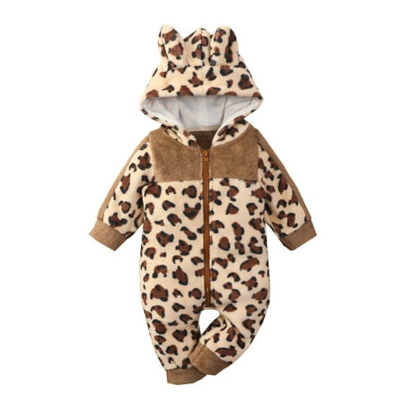 

Breampot 3-6M Infant Leopard Print Stitching Long Sleeve Zipper Jumpsuit Mao Mao Hat Climbing Suit Autumn And Winter