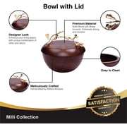 The Milli Collection Small Acacia Wood Bowl with Lid Gold Finished Brass Branch Handle with Leaves and Flowers Ideal for Storing and Serving Dishes for Everyday Use Perfect for Gifting