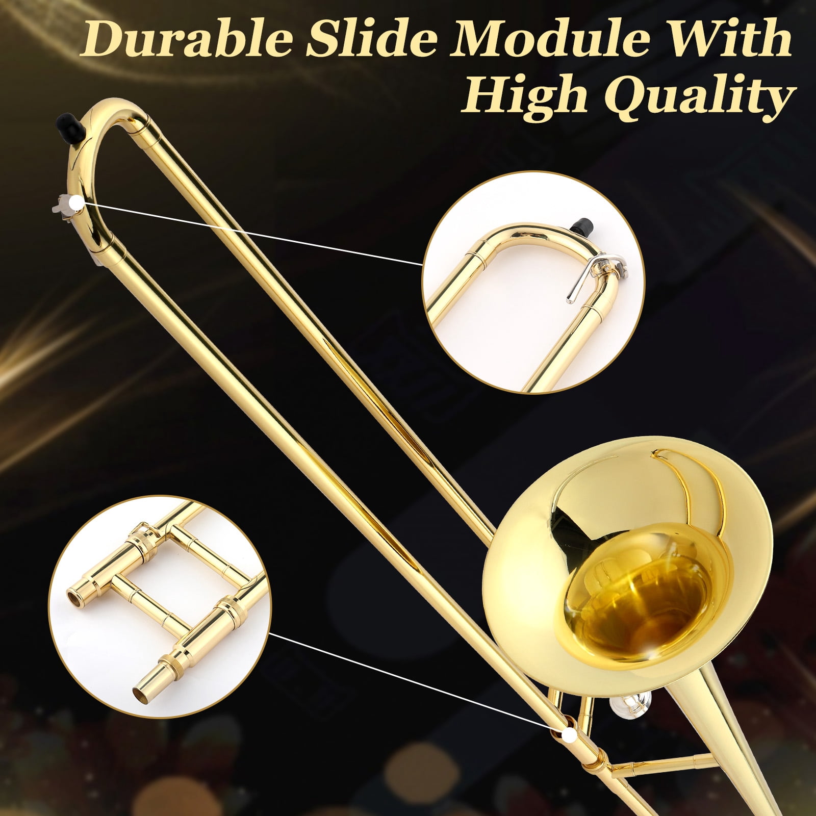 Ktaxon Bb Tenor Slide Trombone for Beginners Students, B Flat Brass Plated Trombone Instrument with Mouthpiece, White Gloves, Golden