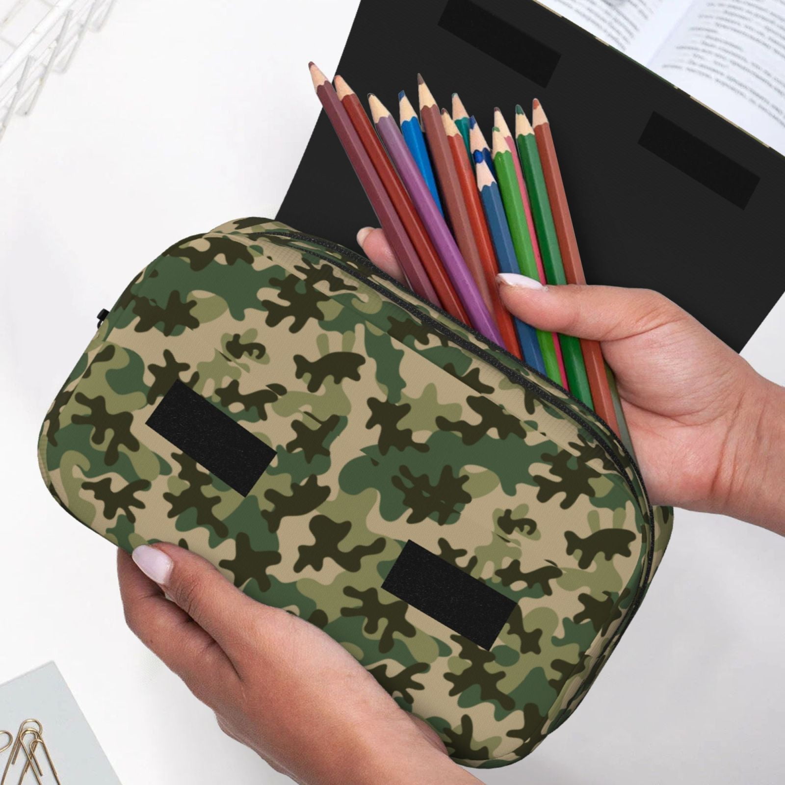 Rateoe Camouflag Pattern Double Clamshell Pen Case, Storage Organizer with Two Zipper Compartments– Holds Up to 50 Pencils & Pens