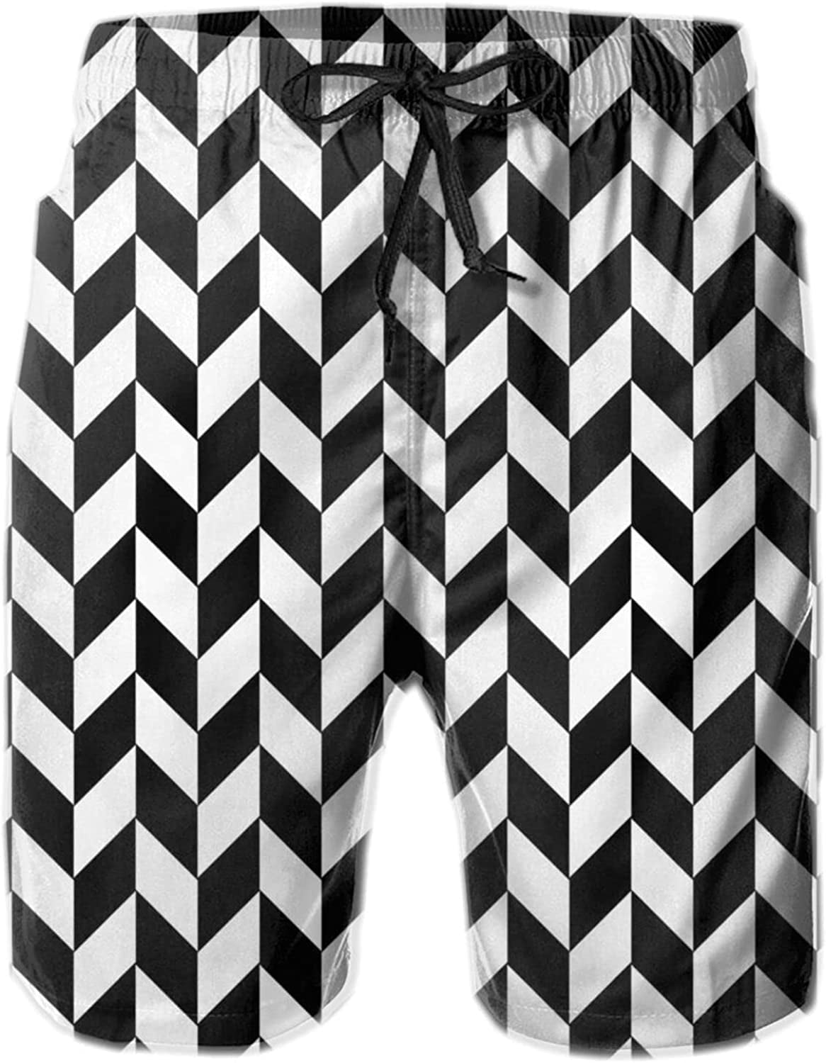 Men's Beach Shorts Black White Classic Lattice Print 3D Printed Swim