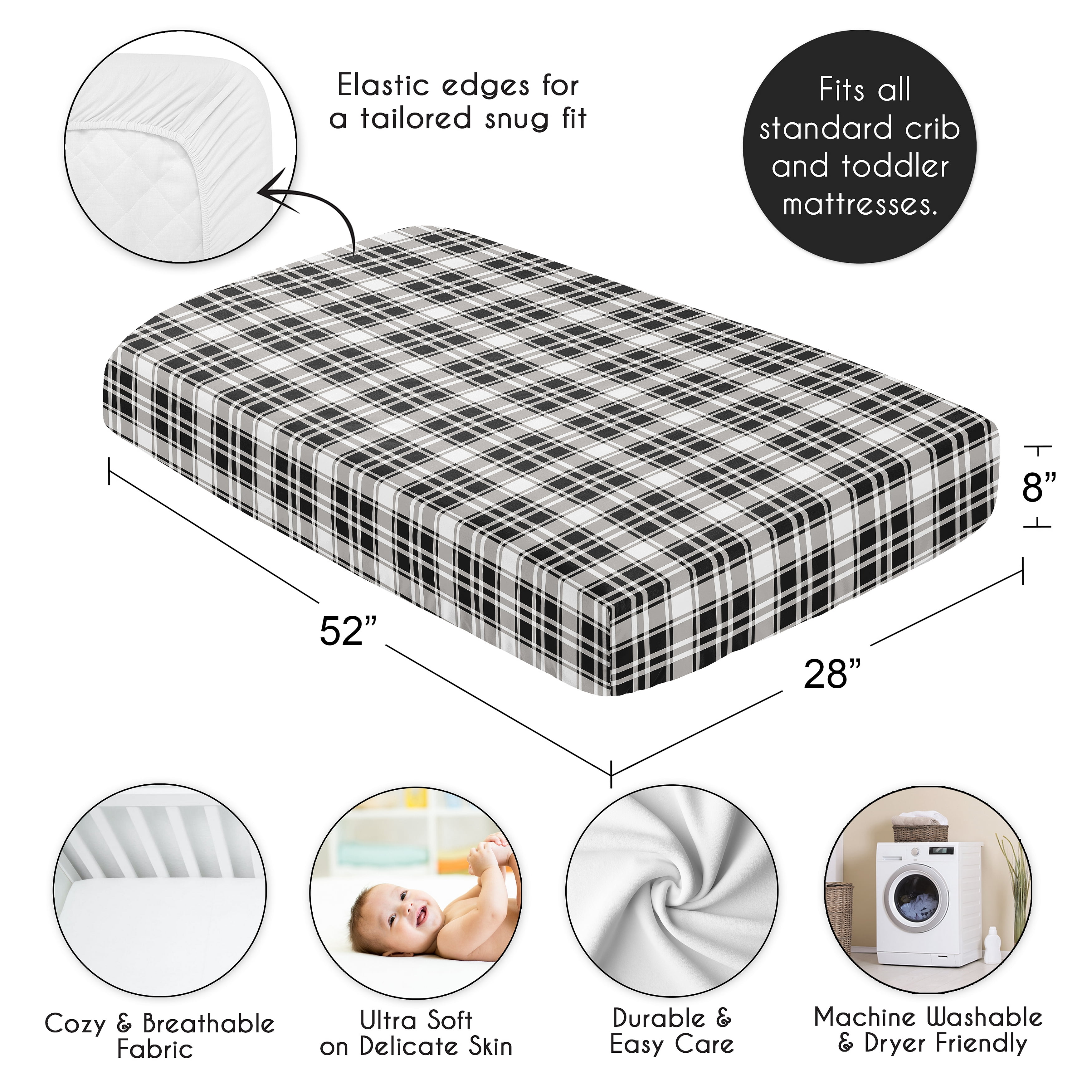 Sweet Jojo Designs Gingham Black Plaid Boy, Girl, Unisex/Gender Neutral Fitted Crib Sheet