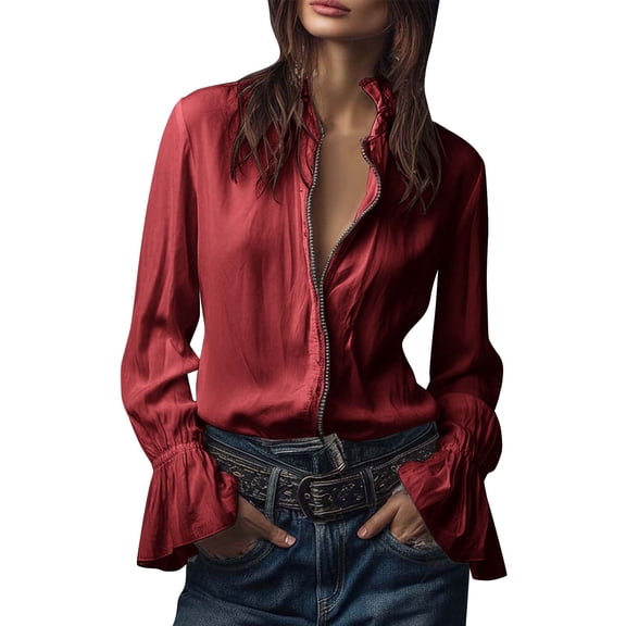 Women's Solid Color Lapel Long Sleeved Zip-Front Blouse With Flounce Cuffs Shirt