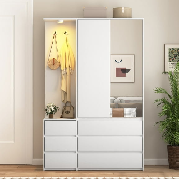 6-Drawer Wardrobe Closet with Dressing Mirror & Dimmable LED Light, Large Capacity Storage Cabinet with Hanging Rod & 3 Open Shelves for Bedroom