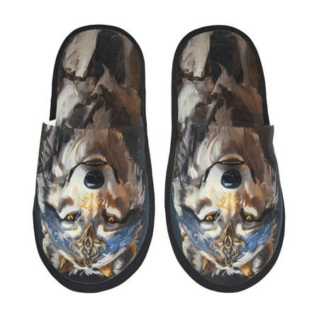 

Sigee Oil Painting Tribal Wolf for Cozy Furry Slippers Super Soft Indoor and Outdoor Use Non-Slip Sole Slip On House Slippers-Large