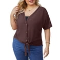 thumbnail image 5 of Cueply Womens Plus Size Tops Short Sleeve V Neck Waffle Knit Tunic Blouse Tie Front Button up T Shirts, 5 of 5