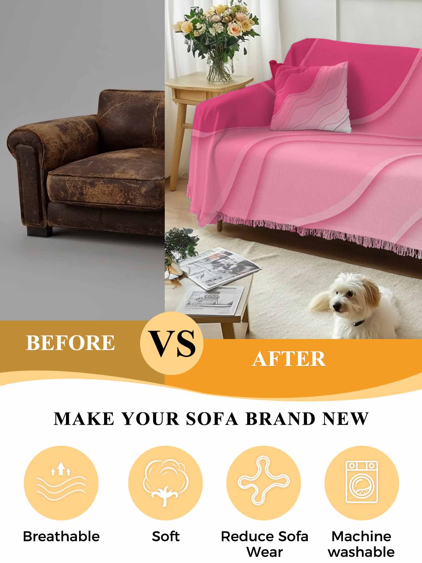 Valentines Pink Ombre Couch Cover, Modern Geometric Abstract Aesthetic Cream Oversized Sofa Cover Blanket for 3 Cushion Couch, Sectional Sofa Slipcover Protector for Living Room Bedroom 71''x150''