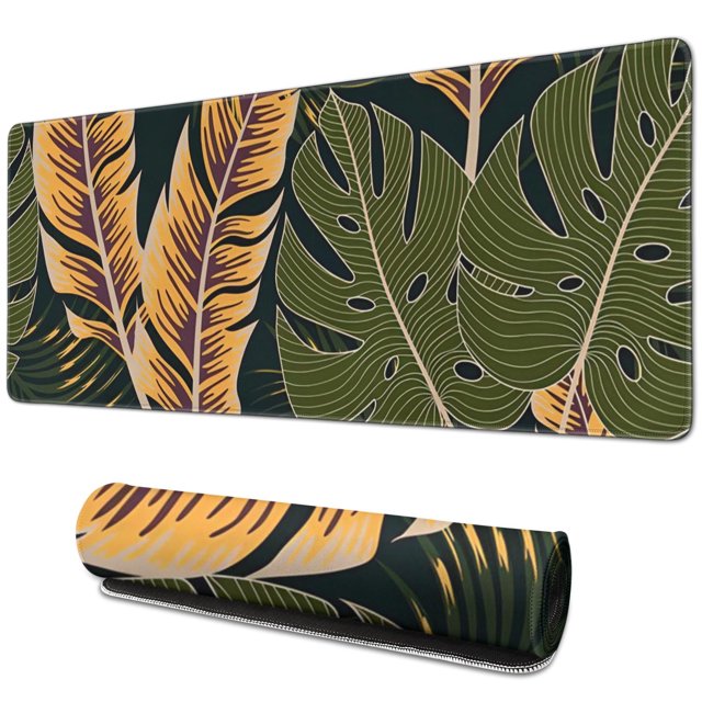 Stunning Teal Tropical Leaves XL Extended Large Gaming Mouse Pad - Waterproof & Non-Slip with Stitched Edge, Perfect Mat for Computer, Keyboard, Laptop, Office - 31.5 x 11.8 Inch