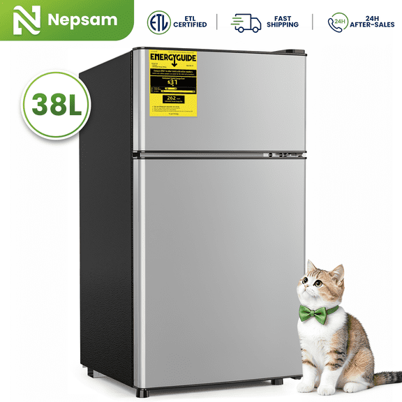 Nepsam 38L Mini Refrigerators, Mini Fridges with Freezer Double Door for Room,Apartment, Silver