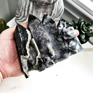 MATROOY Natural Black Sphalerite Druzy Geode Healing Crystal Tower Point Obelisk Quart