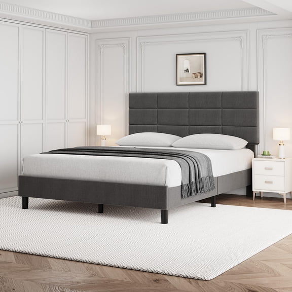 Huisuilinss Full Bed Frame,Twin Bed Frame With Adjustable Headboard,Fabric Upholstered Platform Bed Frame Queen/King With Wooden Slats Support,No Box Spring Needed,Mattress Foundation