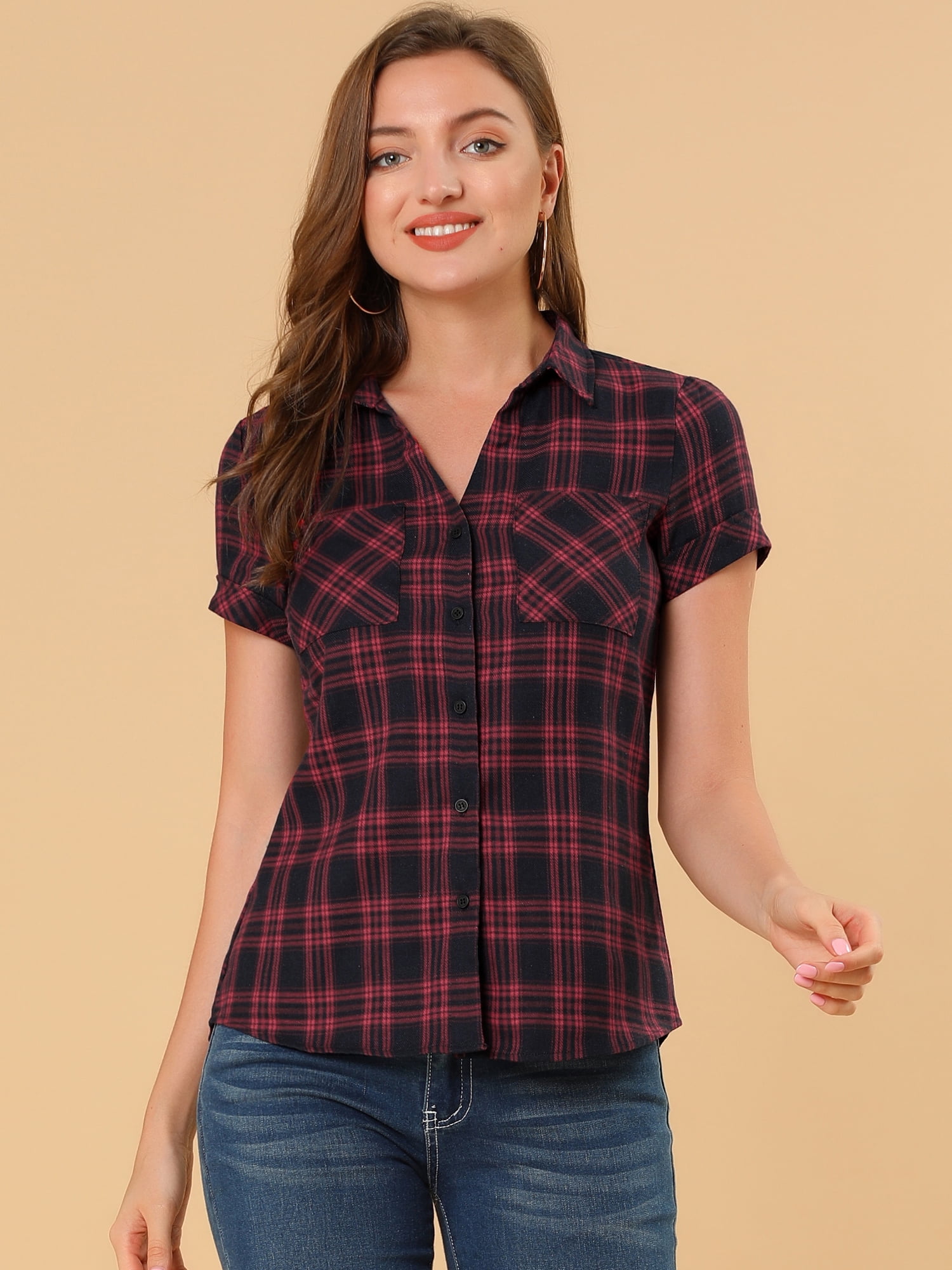 DARING DIVA Women's Plaid Shirts Cotton Short Sleeve Button Down Shirt 3XL Red Black