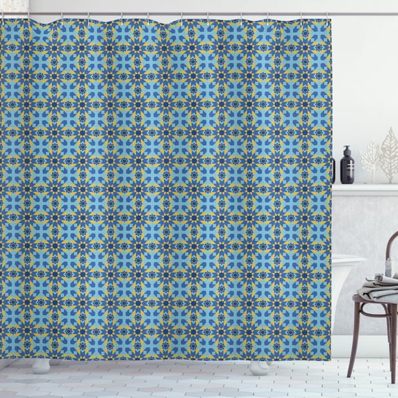 Yellow and Blue Shower Curtain, Middle East Pattern Medieval Moroccan Stars with Squares, Fabric Bathroom Set with Hooks, 69W X 84L Inches Extra Long, Violet Blue Pale Blue Yellow, by Ambesonne