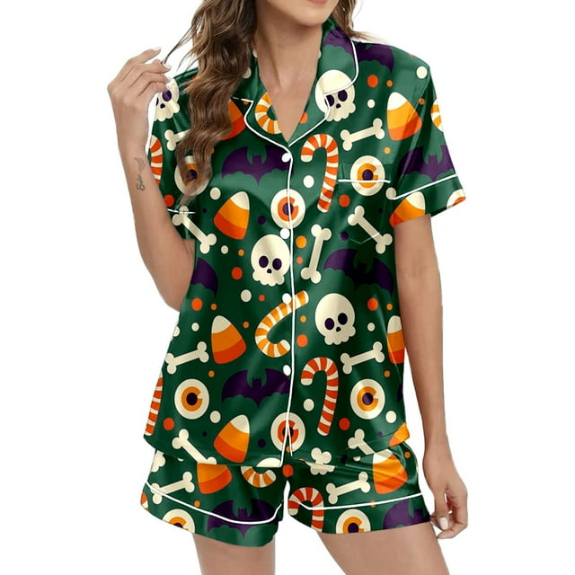 Pyjama d'Halloween pour Femmes, Ensemble 2 Pcs, Pyjamas des Fêtes, Chandails à Manches Longues et Pantalons, Graphique de Fantômes, Saison Effrayante, Tenue de Nuit