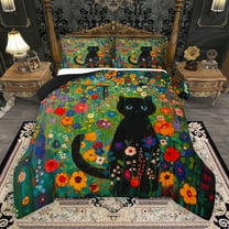 Manfei Cute Cat Bedding Comforter Set,Colorful Flower Floral Twin Comforter Sets,Oil Painting Bedding Set For Girls Kids,Breathable Home Decor Reversible,2pcs