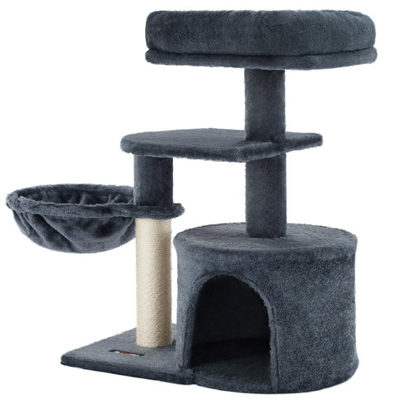 FEANDREA Cat Tree, Small Cat Tower, Cat Condo, Kitten Activity Center with Scratching Post, Basket, Cave, Smoky Gray