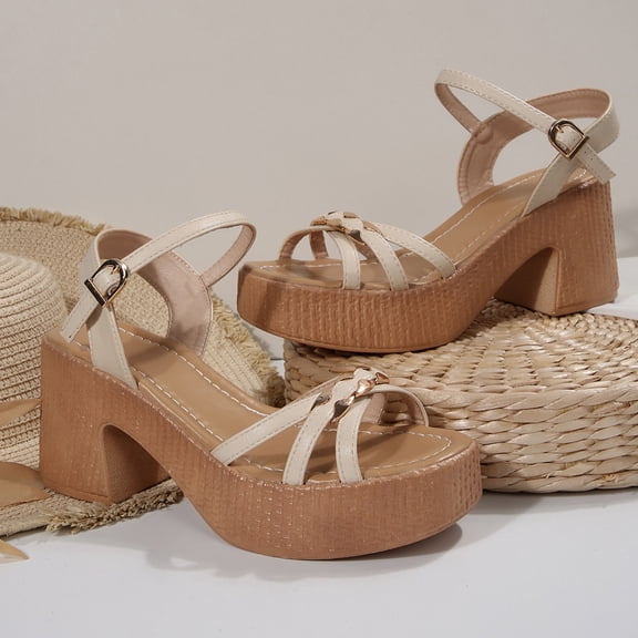 Fnooota Women's Block Heels Sandals, Open Toe Wedding Ankle Strap Non-slip Summer Shoes Beige Size 7