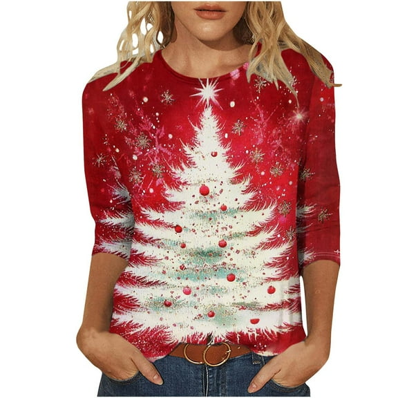 Fashion Fall Saving Women's Seasonal Shirt 3/4 Sleeve Round Neck Blouse with All Over Holiday Tree Print Casual Tops Tees Tshirts for Gifting My Items