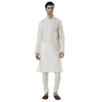 Ethnix Men's Indian Classic Embroidered Collar Placket Kurta Tunic Pajama Combo; Butter Cream; XL