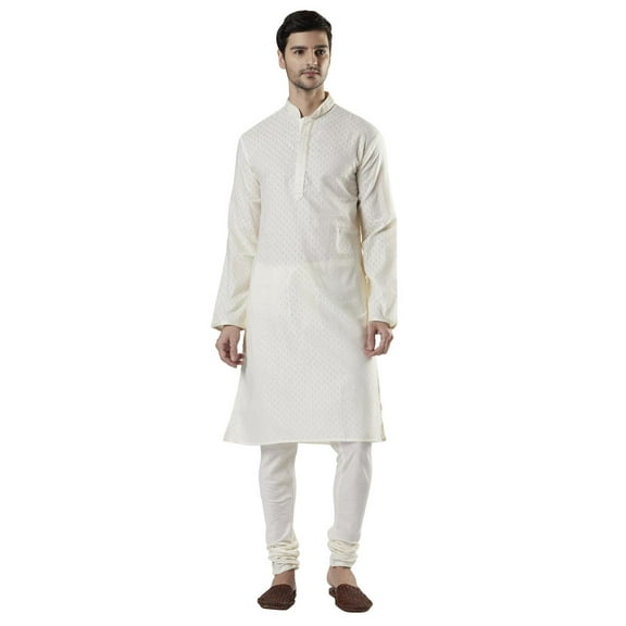 Ethnix Men's Indian Classic Embroidered Collar Placket Kurta Tunic Pajama Combo; Butter Cream; XL