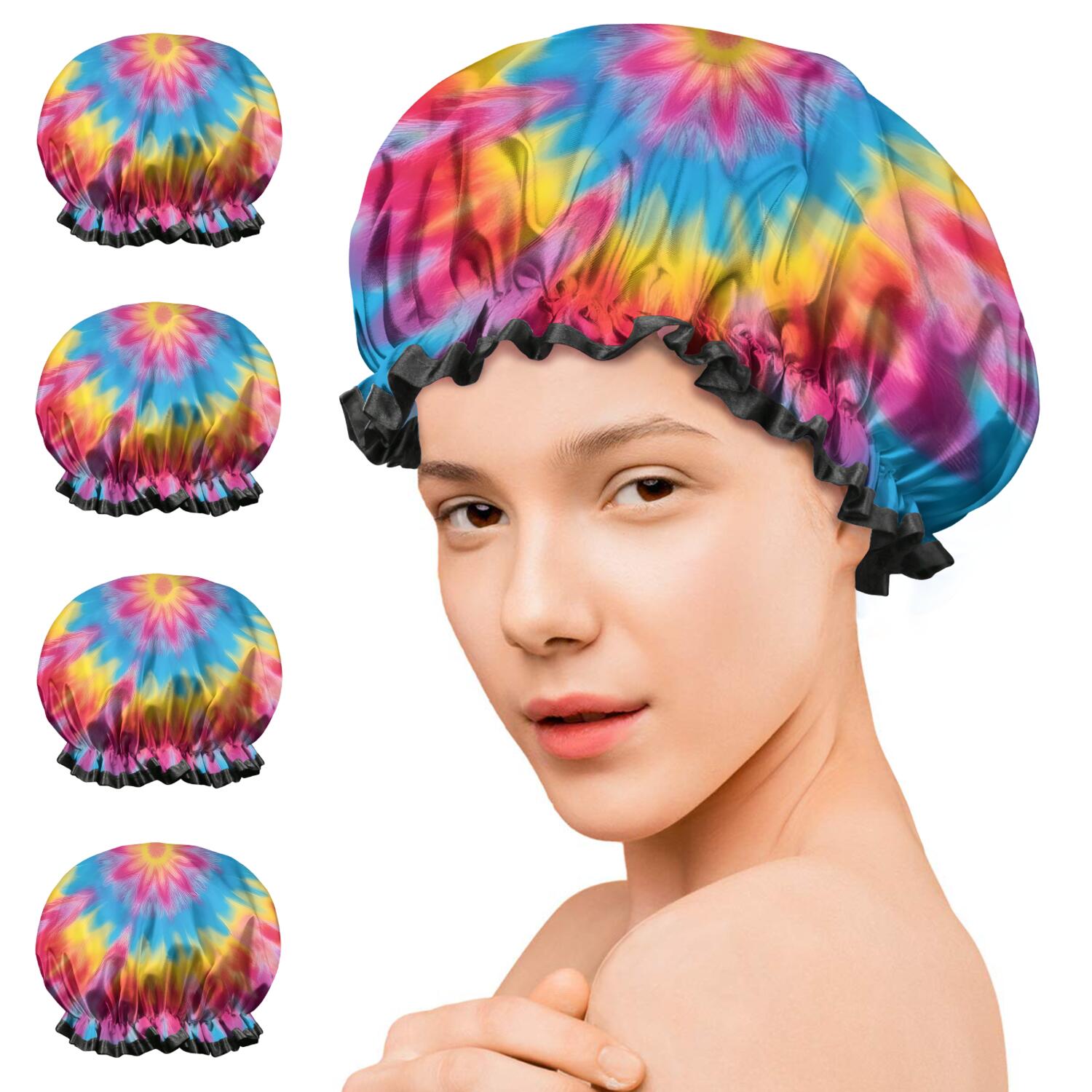 Shower Caps,Colorful Tie Dye Mandala Pattern Waterproof Shower Cap for Women 4 Pieces,Double Reusable Hair Cover for Shower PEVA Elastic Stretch Hem