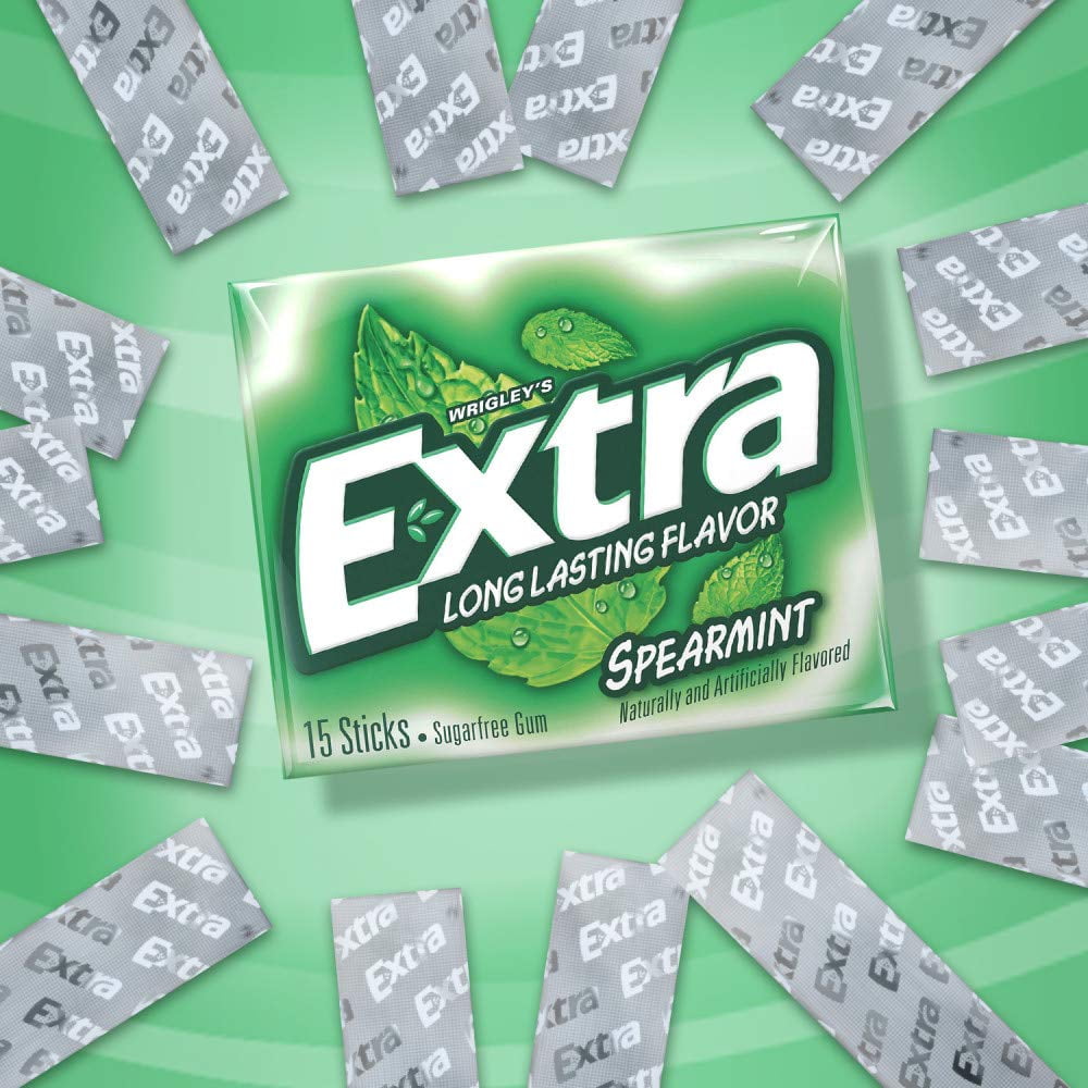 EXTRA Spearmint Sugarfree Chewing Gum, 15 Count (Pack of 10) Pieces