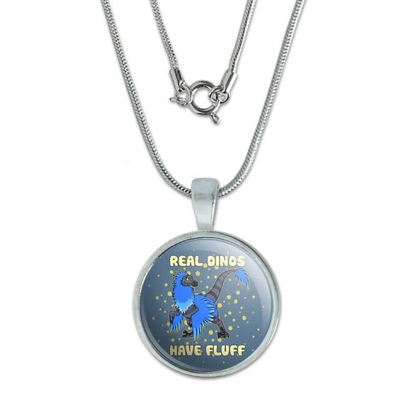 Real Dinos Have Fluff Raptor Dinosaur 0.75" Pendant with Sterling Silver Plated Chain