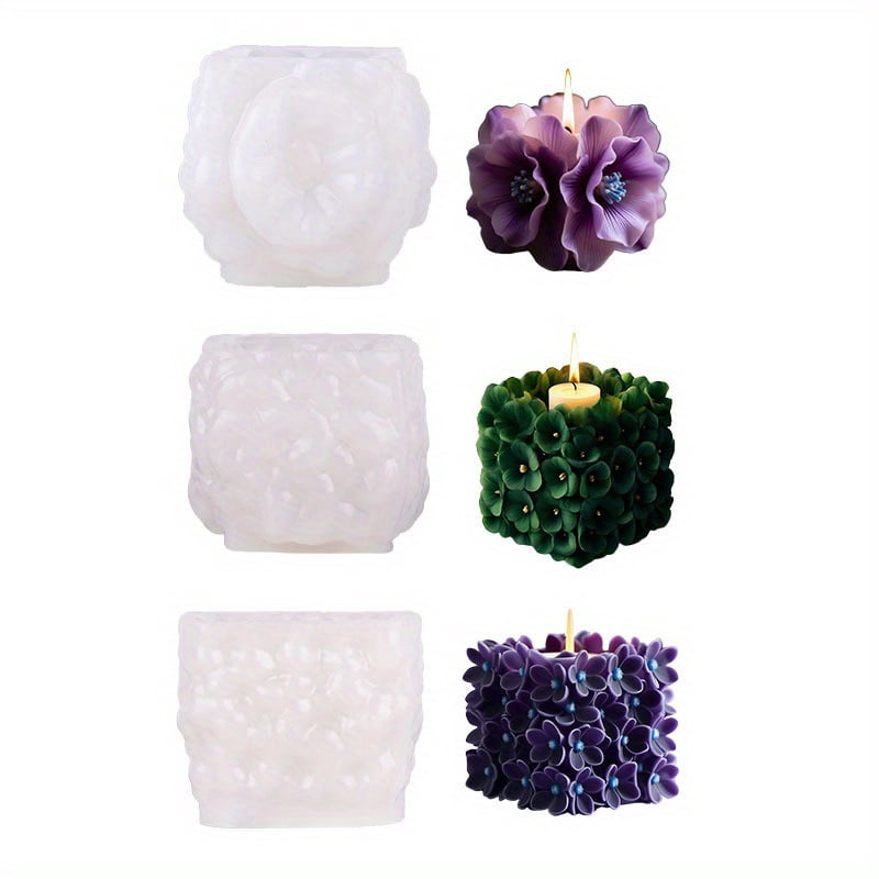 3Pcs Square Hydrangea Silicone Candle Mold, Floral Cube Candle Molds for DIY Candle Making Soap Resin Home Decor