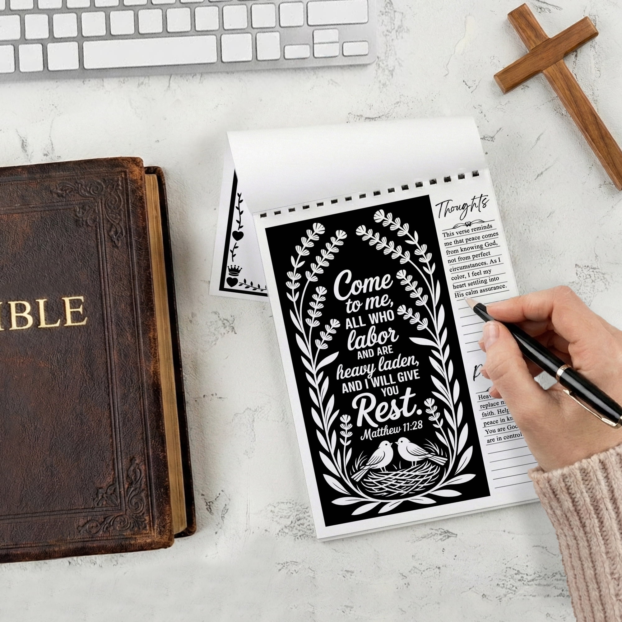 The Gospels Monochrome Coloring Book for Adults, 30 Minimalist Scripture Art Pages with Reflection & Prayer Space, Spiral Bound, A4 or A5 Softcover or Wood Cover