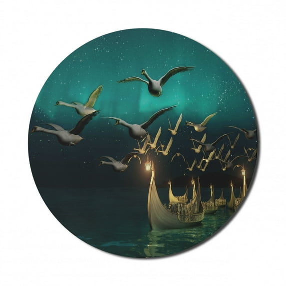 Fantasy Mouse Pad for Computers, Medieval Boats Birds Flying Adventure Illustration, Round Non-Slip Thick Rubber Modern Gaming Mousepad, 8" Round, Sand Brown Dark Teal, by Ambesonne