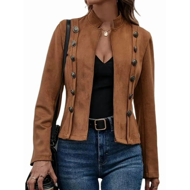 Chaqueta de Gamuza Sintética para Mujer, Informal, de Otoño, de Larga, Cuello Alto, con Abertura Frontal, Blazer Corto, Abrigo. Marrón Oscuro M