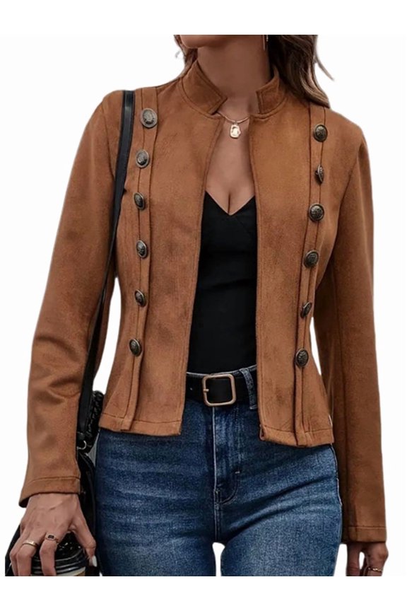 Women'S Faux Suede Jackets Fall Casual Long Sleeve Stand Collar Open Front Cropped Blazer Jacket Coat Dark Brown M