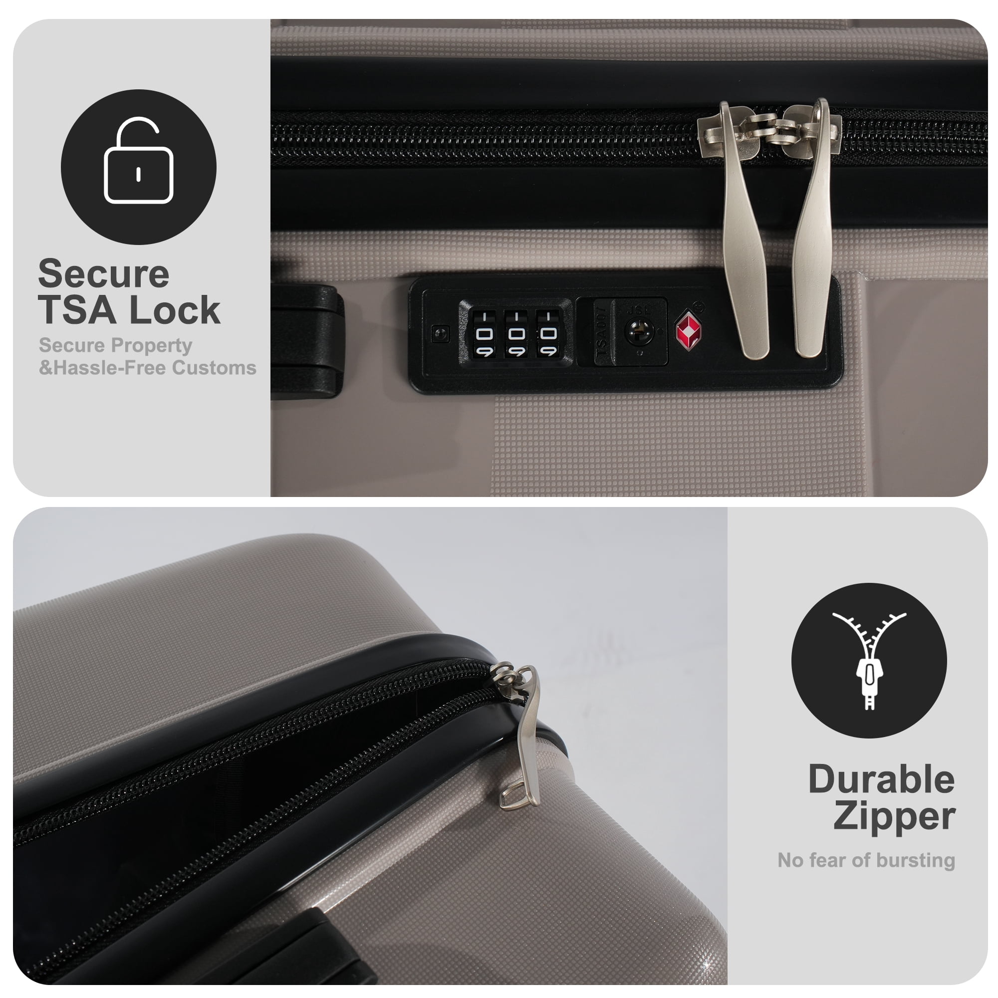 Tripcomp 3-Piece Hardside Luggage Set with TSA Lock, Spinner Wheels and Lightweight Design,  Suitcases in 20, 24 and 28 Inch Sizes,Beige