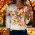 thumbnail image 2 of Womens Crew Neck 3/4 Length Sleeve Tees Fall Leaf Graphic Print Loose Fit Casual Shirts Curved Hem Lightweight Dressy Tunic Tops ,3XL,Orange, 2 of 5