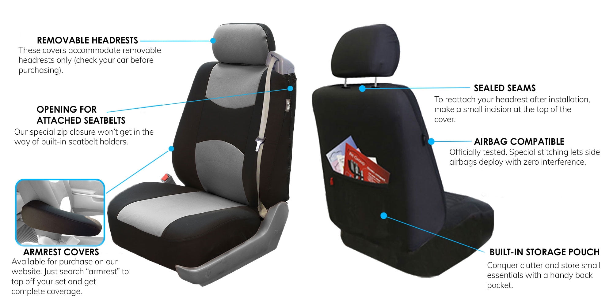 FH Group Universal Fit Cloth Car Seat Covers, Built-in Seat Belt Front Set - Gray FB351102GRAY