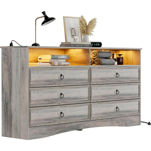 VVFLU Vintage 6 Dresser for Bedroom, Farmhouse 6 Drawers Dresser with Open Shelfs and LED Lights, 47.3" Wide Wood Rustic Chest of Drawers for Living Room, Hallway, Gray