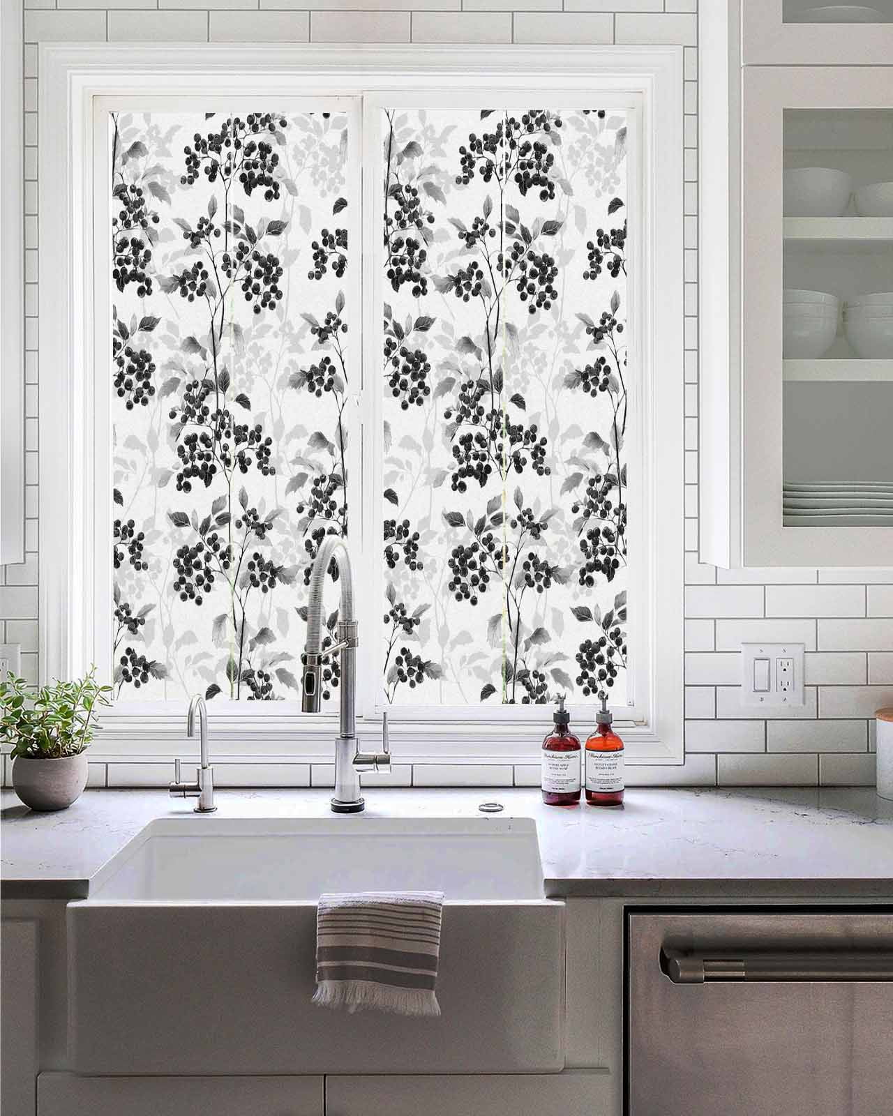 Window Privacy Film Black Gray Botanical Stained Glass Window Film Decorative Sun Block Window Cover Vintage Nature Flower Window Clings Static Adhesive Sticker for Bathroom 17.7"x39.3"